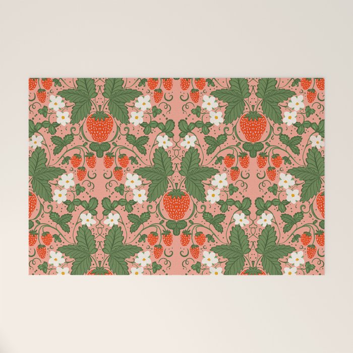 Elegant Strawberry and Floral Botanical Pattern Welcome Mat Gallery Image 1