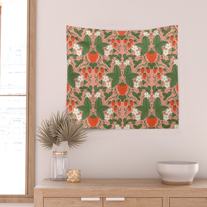 Elegant Strawberry and Floral Botanical Pattern Wall Tapestry Gallery Image 2