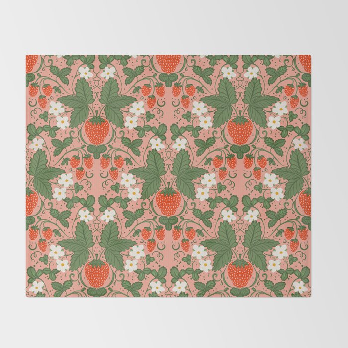 Elegant Strawberry and Floral Botanical Pattern Throw Blanket Gallery Image 2
