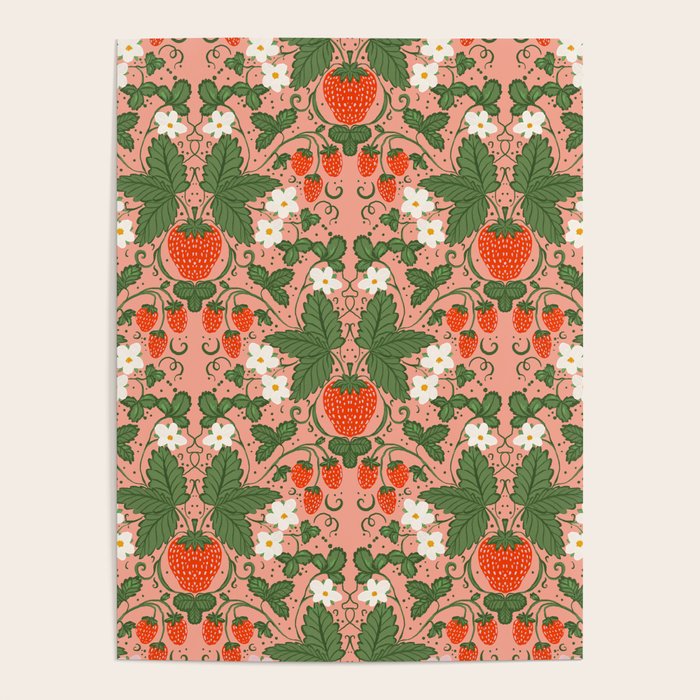 Elegant Strawberry and Floral Botanical Pattern Poster Gallery Image 1