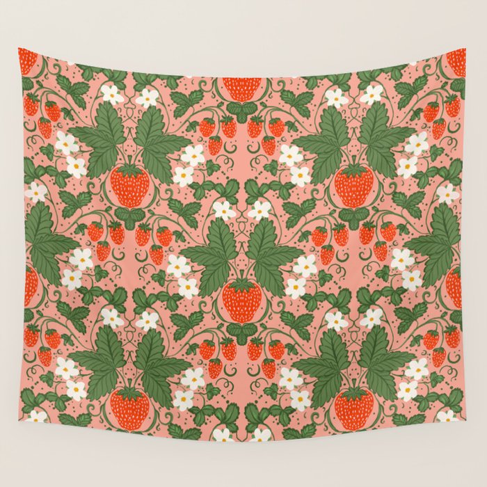 Elegant Strawberry and Floral Botanical Pattern Wall Tapestry Gallery Image 4