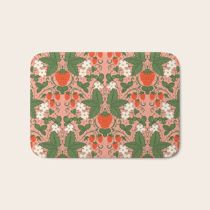 Elegant Strawberry and Floral Botanical Pattern Bath Mat Gallery Image 1