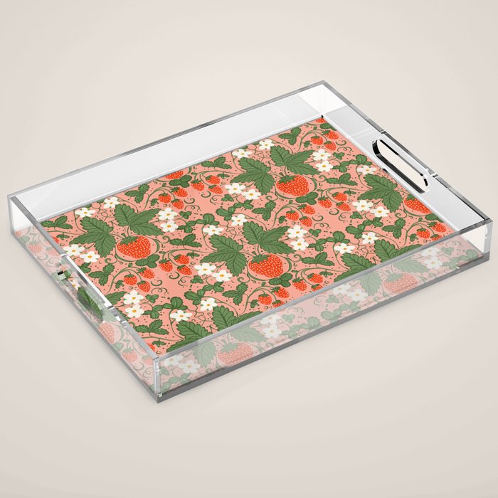 Elegant Strawberry and Floral Botanical Pattern Acrylic Tray Gallery Image 1