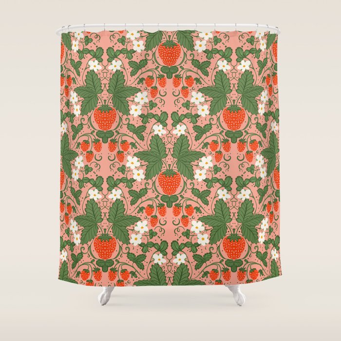 Elegant Strawberry and Floral Botanical Pattern Shower Curtain Gallery Image 1