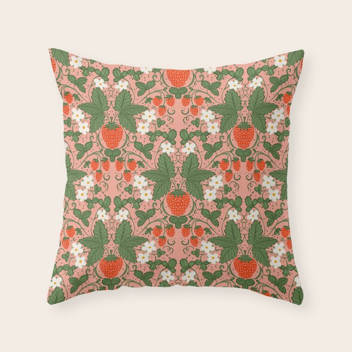 Elegant Strawberry and Floral Botanical Pattern Throw Pillow Gallery Image 6