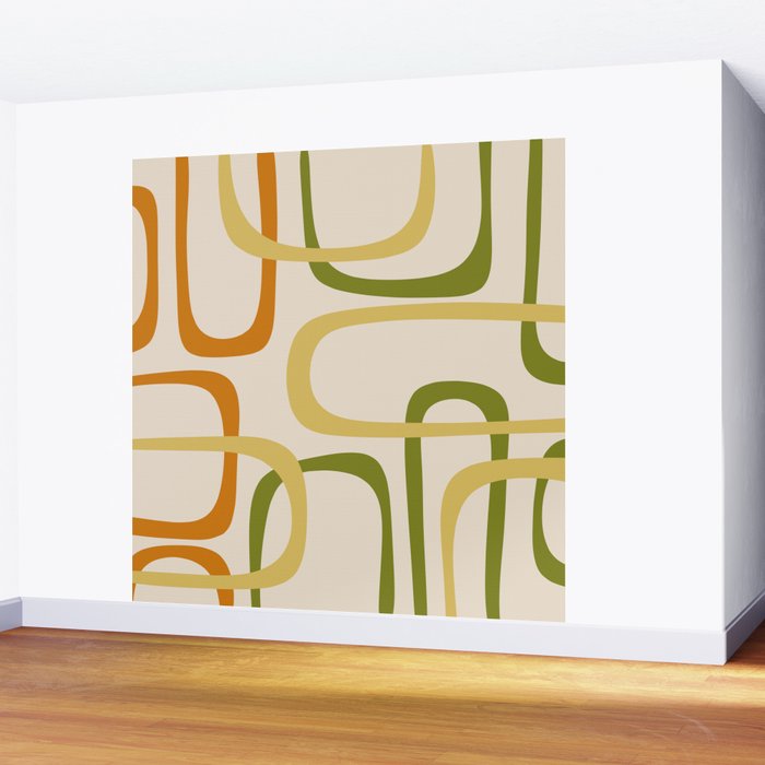 Fine Loops Mid-Century Modern Minimalist Olive Green, Burnt Orange, Mustard, and Beige Wall Mural Gallery Image 2