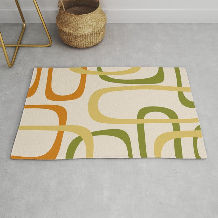 Fine Loops Mid-Century Modern Minimalist Olive Green, Burnt Orange, Mustard, and Beige Rug Gallery Image 1