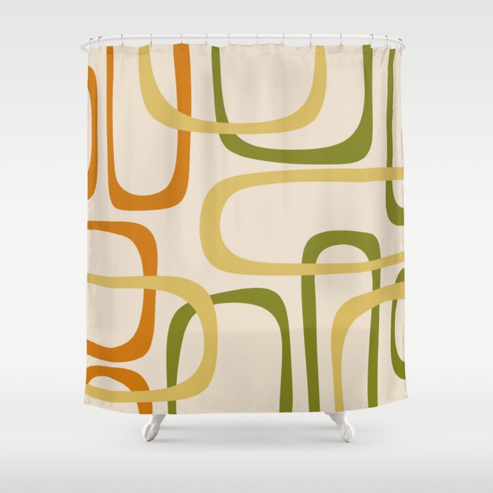 Fine Loops Mid-Century Modern Minimalist Olive Green, Burnt Orange, Mustard, and Beige Shower Curtain Gallery Image 1