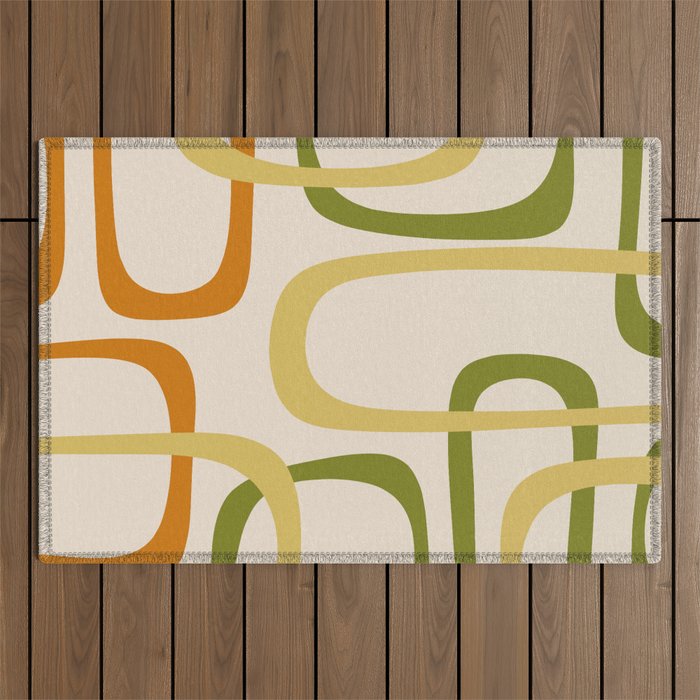 Fine Loops Mid-Century Modern Minimalist Olive Green, Burnt Orange, Mustard, and Beige Outdoor Rug Gallery Image 1