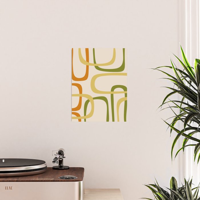 Fine Loops Mid-Century Modern Minimalist Olive Green, Burnt Orange, Mustard, and Beige Poster Gallery Image 2