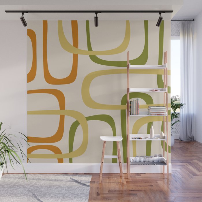 Fine Loops Mid-Century Modern Minimalist Olive Green, Burnt Orange, Mustard, and Beige Wall Mural Gallery Image 1