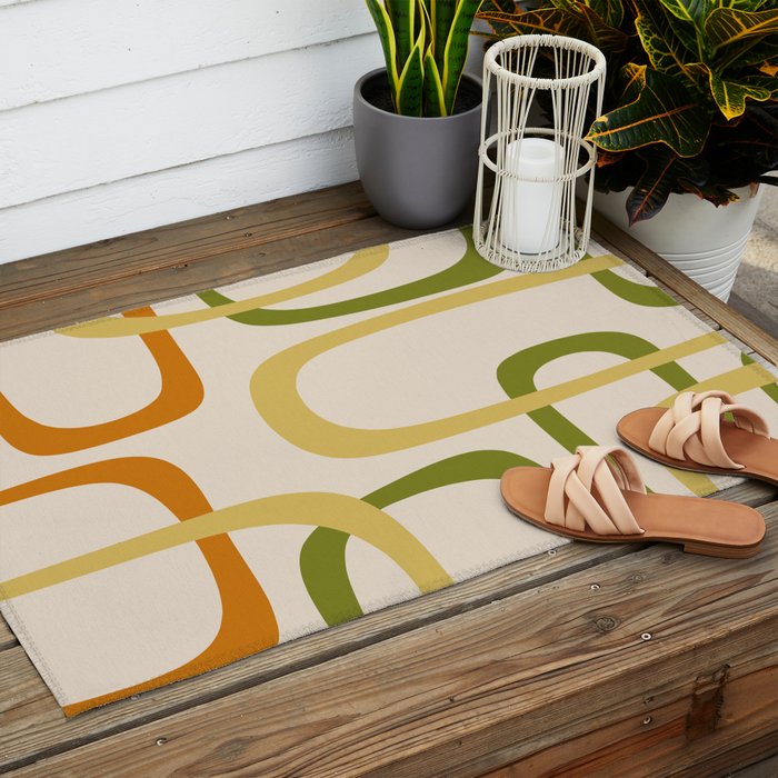 Fine Loops Mid-Century Modern Minimalist Olive Green, Burnt Orange, Mustard, and Beige Outdoor Rug Gallery Image 2