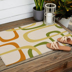 Fine Loops Mid-Century Modern Minimalist Olive Green, Burnt Orange, Mustard, and Beige Outdoor Rug Gallery Image 2