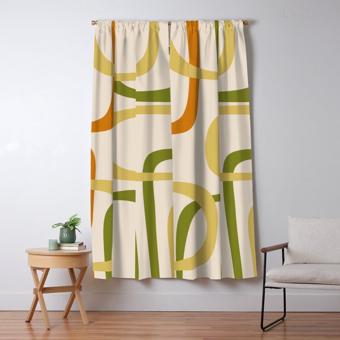 Fine Loops Mid-Century Modern Minimalist Olive Green, Burnt Orange, Mustard, and Beige Window Curtain Gallery Image 1