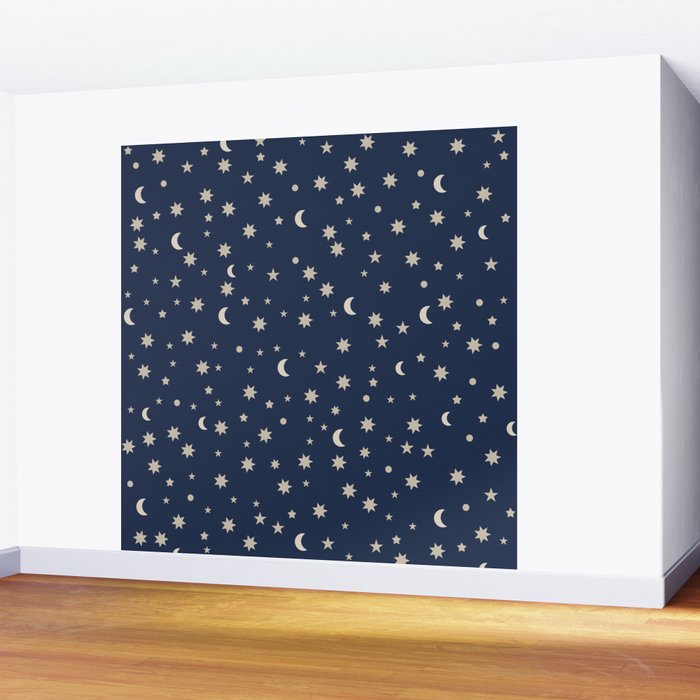 Moon Stars Pattern - Dark Blue Wall Mural Gallery Image 2
