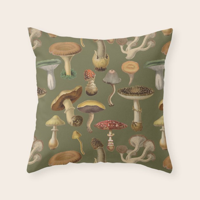Forest Mushroom Goblincore Aesthetic Pattern - Lichen Green  Throw Pillow Gallery Image 1