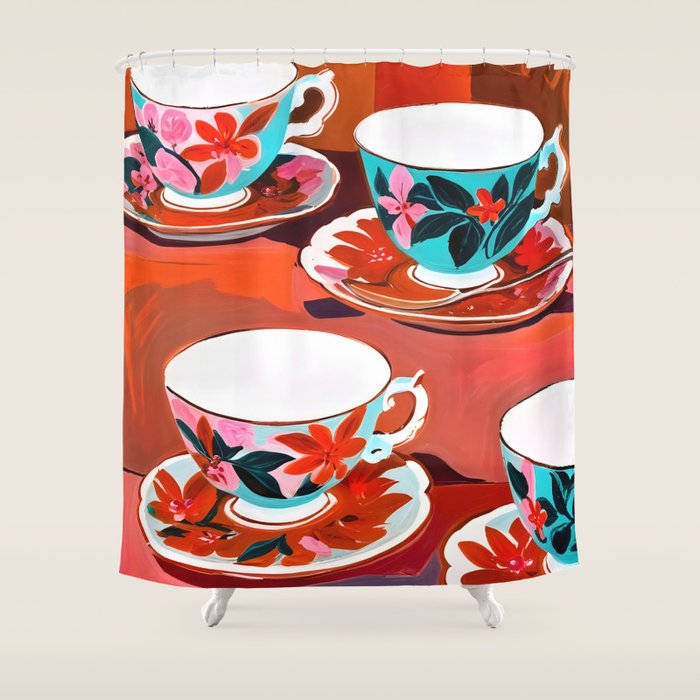 Tea Party, Teacups Floral Whimsical Eclectic Maximalist Illustration, Boho Coffee Food Painting Shower Curtain Gallery Image 1