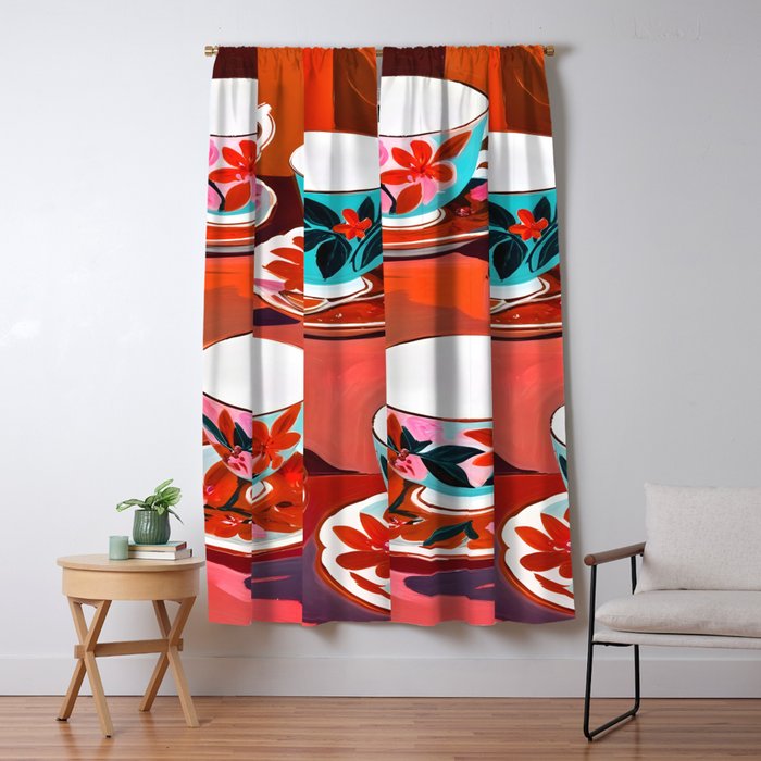 Tea Party, Teacups Floral Whimsical Eclectic Maximalist Illustration, Boho Coffee Food Painting Window Curtain Gallery Image 5