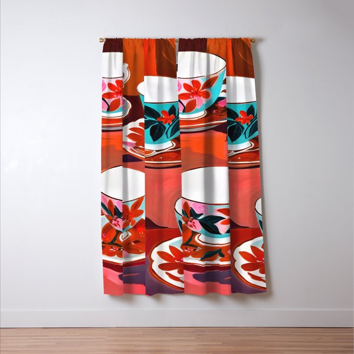 Tea Party, Teacups Floral Whimsical Eclectic Maximalist Illustration, Boho Coffee Food Painting Window Curtain Gallery Image 3