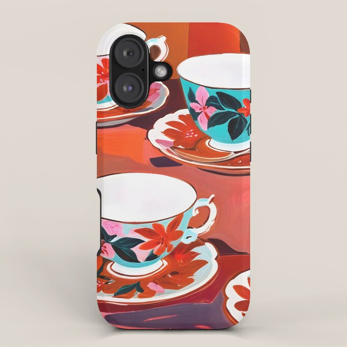 Tea Party, Teacups Floral Whimsical Eclectic Maximalist Illustration, Boho Coffee Food Painting iPhone Case Gallery Image 1