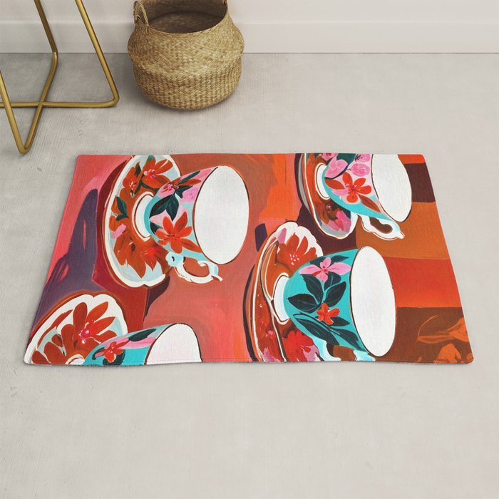 Tea Party, Teacups Floral Whimsical Eclectic Maximalist Illustration, Boho Coffee Food Painting Rug Gallery Image 1