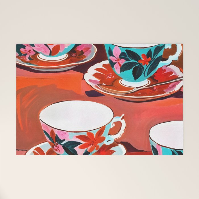 Tea Party, Teacups Floral Whimsical Eclectic Maximalist Illustration, Boho Coffee Food Painting Welcome Mat Gallery Image 1