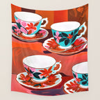 Tea Party, Teacups Floral Whimsical Eclectic Maximalist Illustration, Boho Coffee Food Painting Wall Tapestry Gallery Image 4