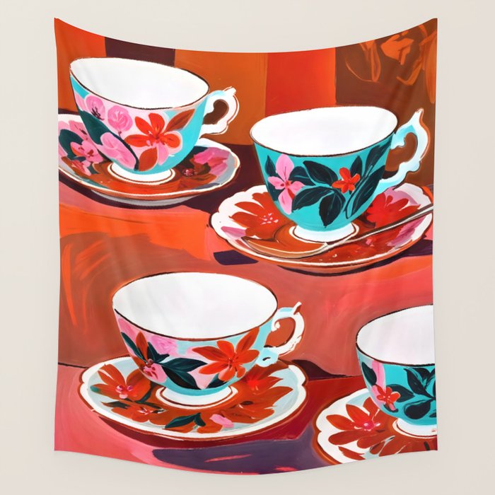 Tea Party, Teacups Floral Whimsical Eclectic Maximalist Illustration, Boho Coffee Food Painting Wall Tapestry Gallery Image 4