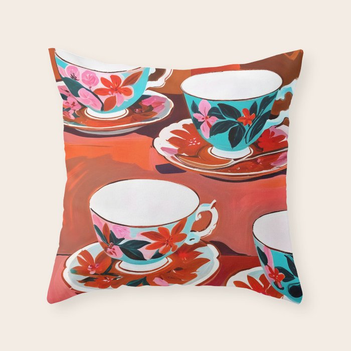 Tea Party, Teacups Floral Whimsical Eclectic Maximalist Illustration, Boho Coffee Food Painting Throw Pillow Gallery Image 6