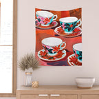 Tea Party, Teacups Floral Whimsical Eclectic Maximalist Illustration, Boho Coffee Food Painting Wall Tapestry Gallery Image 2