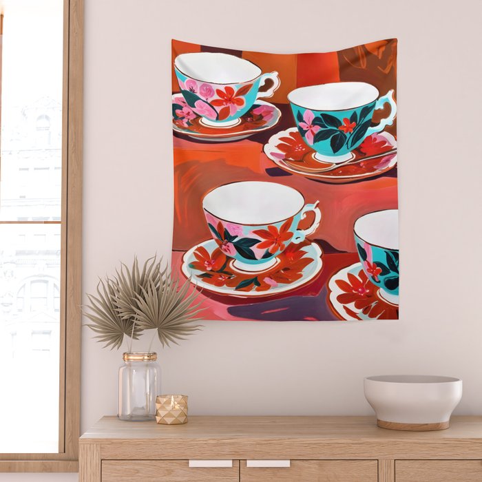 Tea Party, Teacups Floral Whimsical Eclectic Maximalist Illustration, Boho Coffee Food Painting Wall Tapestry Gallery Image 2
