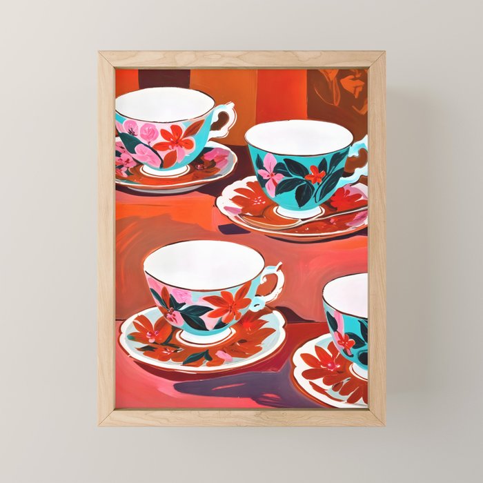Tea Party, Teacups Floral Whimsical Eclectic Maximalist Illustration, Boho Coffee Food Painting Mini Art Print Gallery Image 1