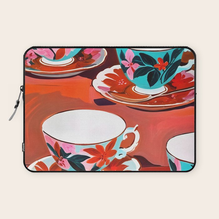 Tea Party, Teacups Floral Whimsical Eclectic Maximalist Illustration, Boho Coffee Food Painting Laptop Sleeve Gallery Image 1