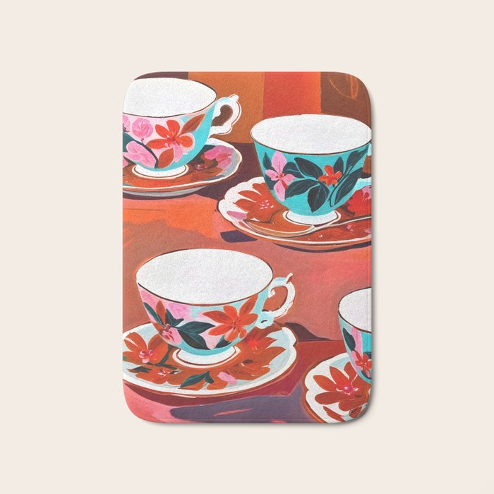 Tea Party, Teacups Floral Whimsical Eclectic Maximalist Illustration, Boho Coffee Food Painting Bath Mat Gallery Image 1