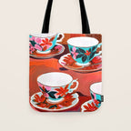 Tea Party, Teacups Floral Whimsical Eclectic Maximalist Illustration, Boho Coffee Food Painting Tote Bag Gallery Image 1