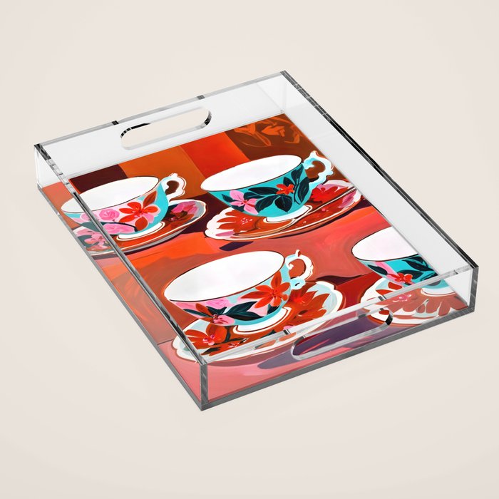 Tea Party, Teacups Floral Whimsical Eclectic Maximalist Illustration, Boho Coffee Food Painting Acrylic Tray Gallery Image 1