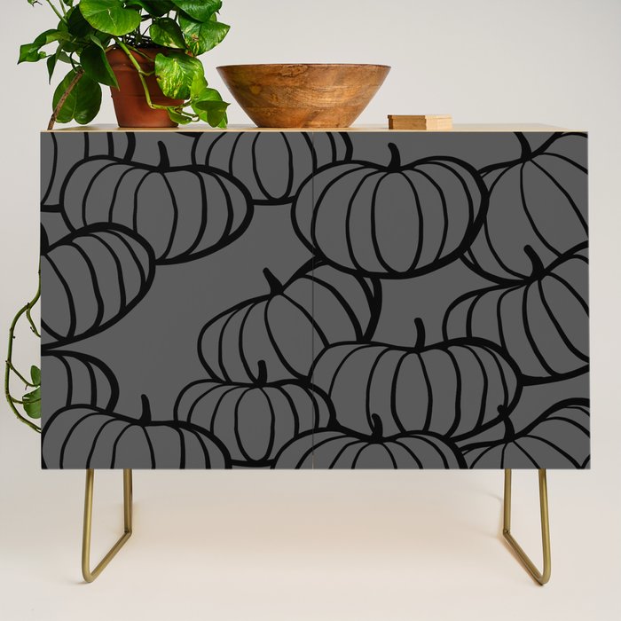 Retro Line-art Pumpkin Fall Pattern - black on grey Credenza Gallery Image 1