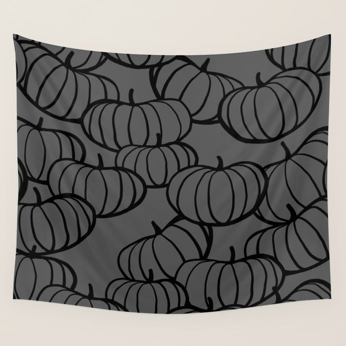 Retro Line-art Pumpkin Fall Pattern - black on grey Wall Tapestry Gallery Image 4