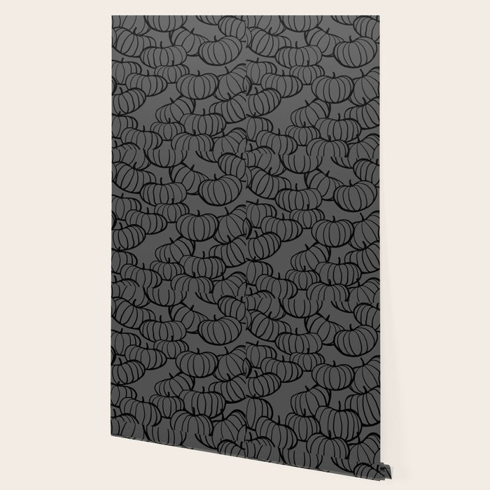 Retro Line-art Pumpkin Fall Pattern - black on grey Wallpaper Gallery Image 2