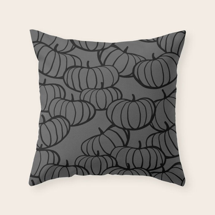 Retro Line-art Pumpkin Fall Pattern - black on grey Throw Pillow Gallery Image 6