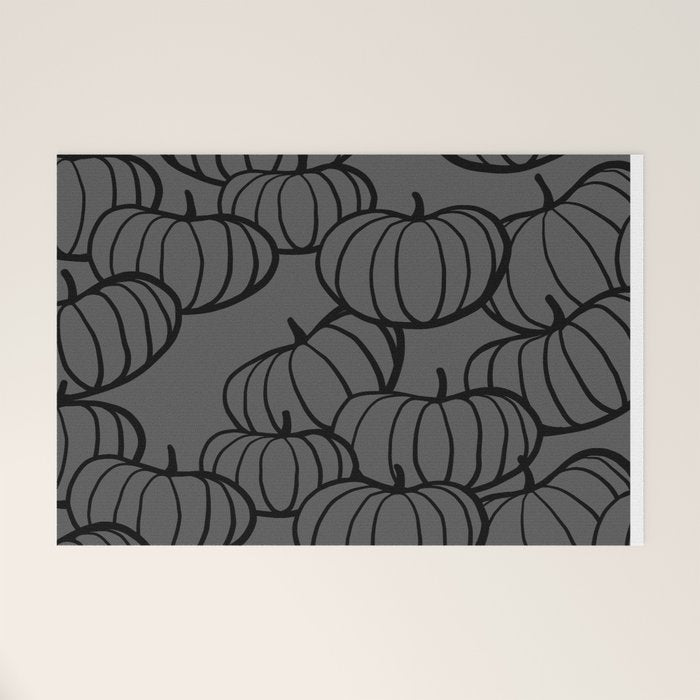 Retro Line-art Pumpkin Fall Pattern - black on grey Welcome Mat Gallery Image 1