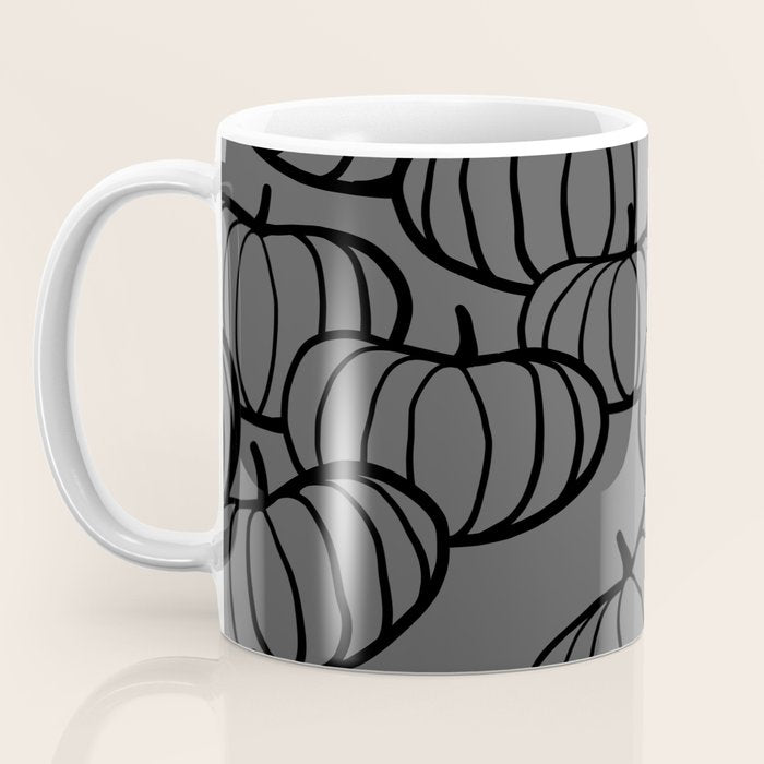 Retro Line-art Pumpkin Fall Pattern - black on grey Coffee Mug Gallery Image 3