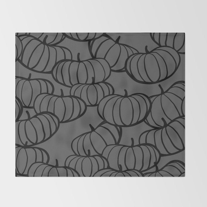 Retro Line-art Pumpkin Fall Pattern - black on grey Throw Blanket Gallery Image 2