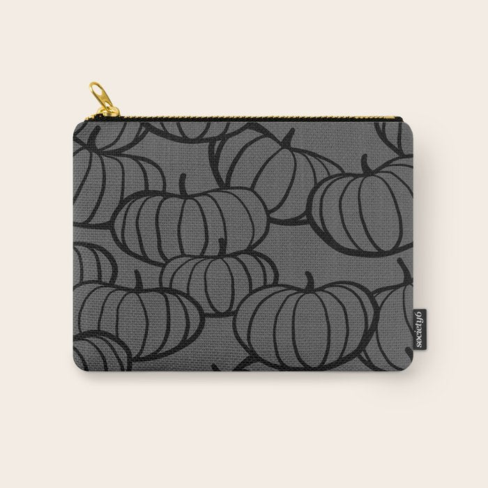 Retro Line-art Pumpkin Fall Pattern - black on grey Carry All Pouch Gallery Image 1