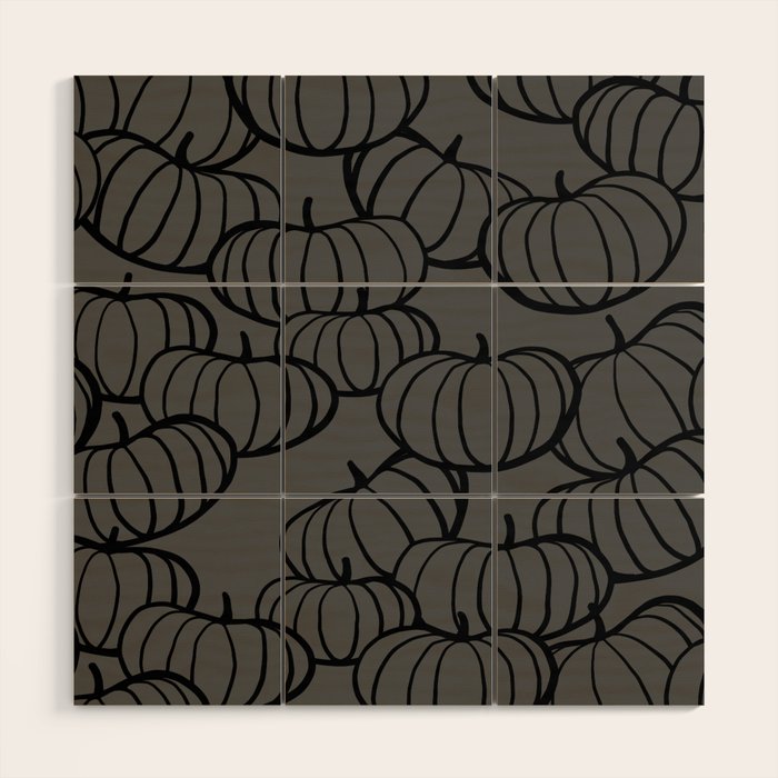 Retro Line-art Pumpkin Fall Pattern - black on grey Wood Wall Art Gallery Image 1