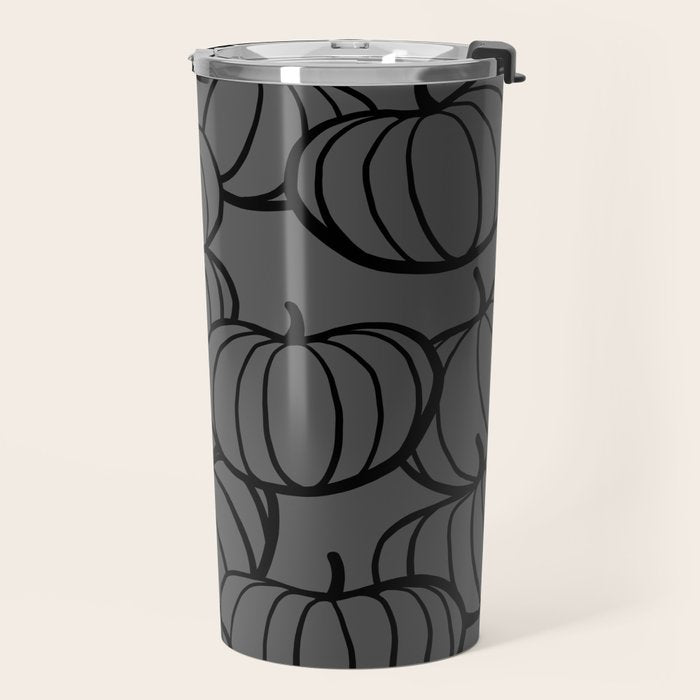 Retro Line-art Pumpkin Fall Pattern - black on grey Travel Mug Gallery Image 2