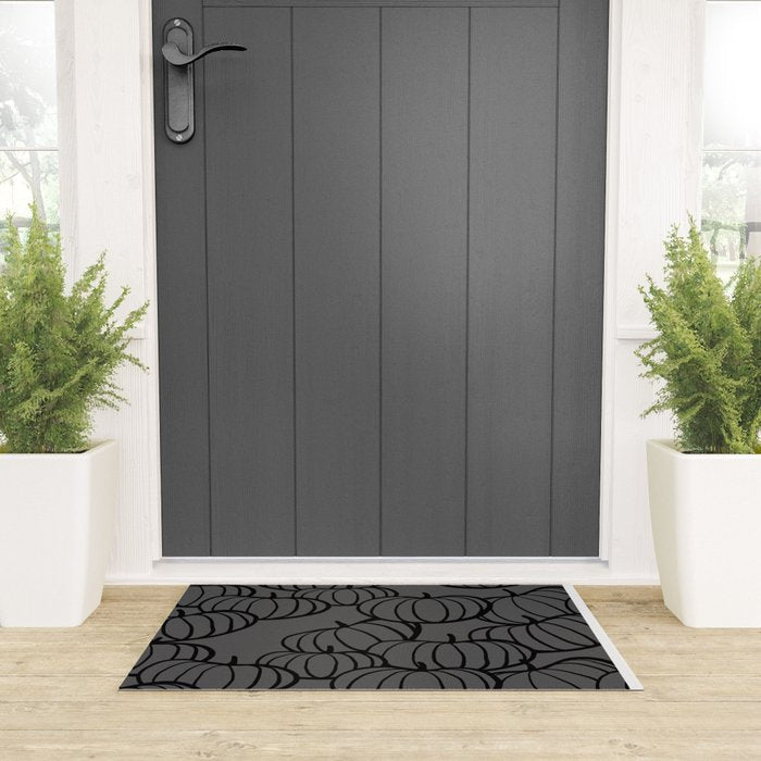 Retro Line-art Pumpkin Fall Pattern - black on grey Welcome Mat Gallery Image 3