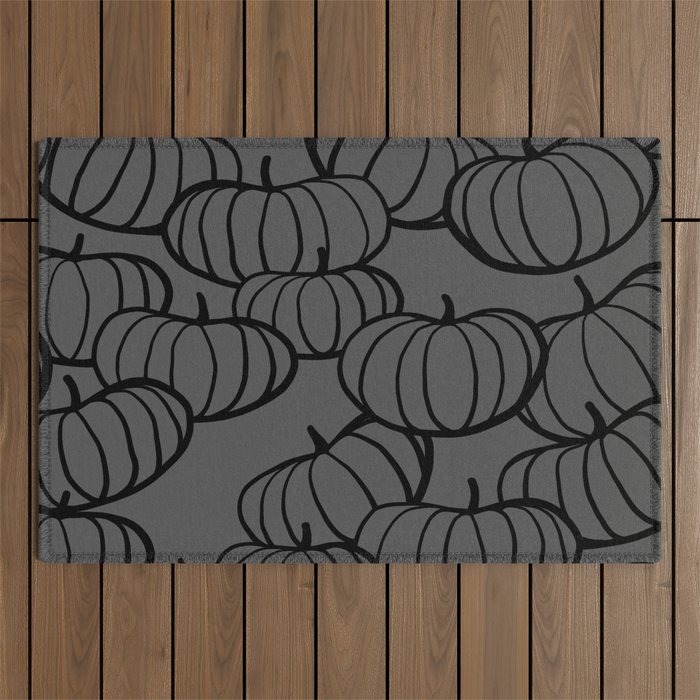 Retro Line-art Pumpkin Fall Pattern - black on grey Outdoor Rug Gallery Image 1