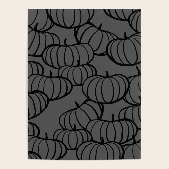 Retro Line-art Pumpkin Fall Pattern - black on grey Poster Gallery Image 1