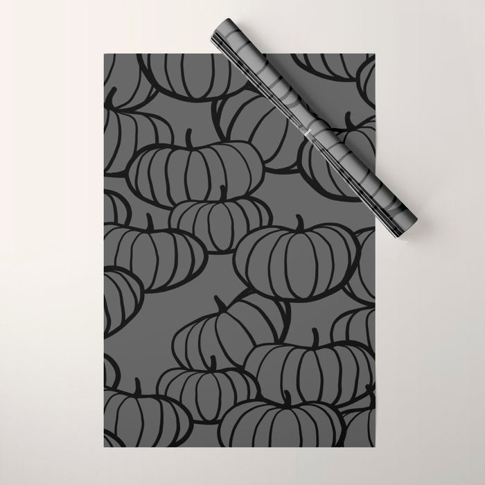 Retro Line-art Pumpkin Fall Pattern - black on grey Wrapping Paper Gallery Image 1